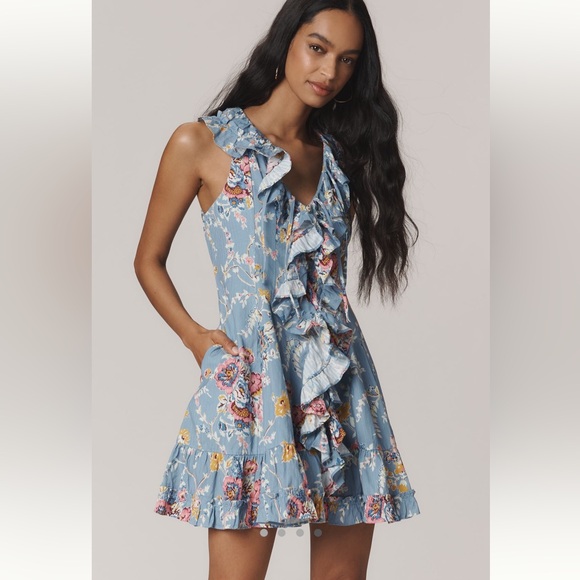 Love The Label Dresses & Skirts - NWT Love The Label Anthropologie Cotton Bowie Blue Ruffle Mini Dress Size L